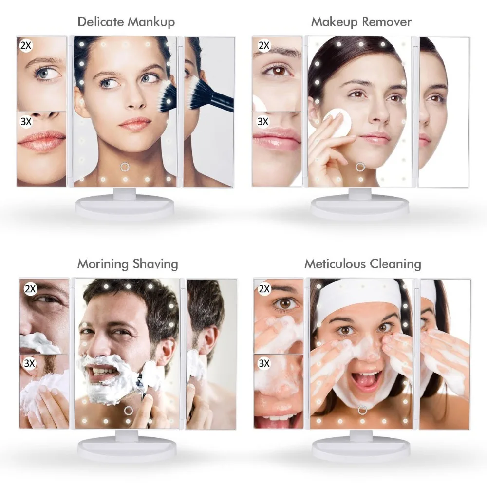 Освещенное зеркало для макияжа Trifold Vanity Mirror с 2X/3X/10X увеличением 180 Вращение сенсорного экрана косметическое светодиодный зеркало