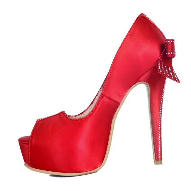 

Red silk Back Crystal Bowtie Low cut Pumps Woman Platform High Heels Peep toe Girl's Drilled Crystal heels Bridal Shoes