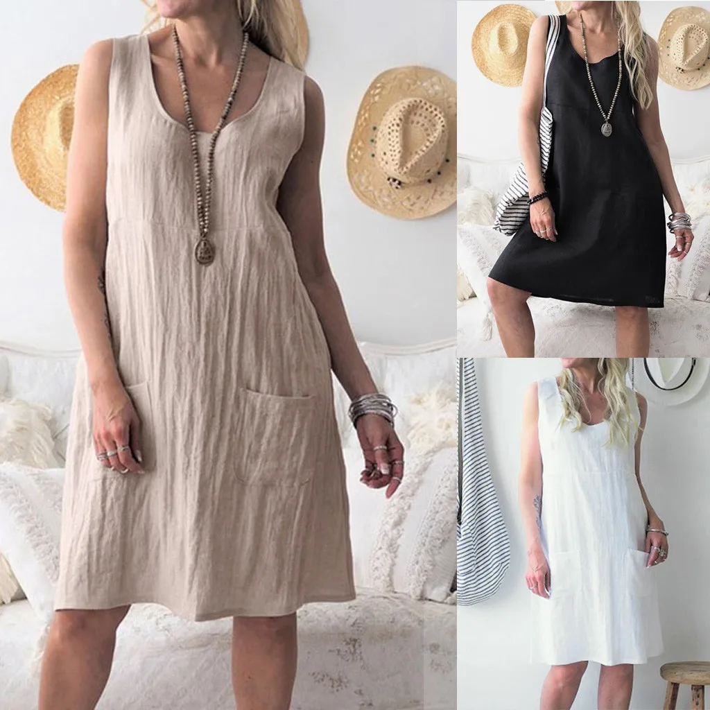 

New Arrived Summer Bohemian Style Tank Dress Women O-Neck Solid Color Dress Sleeveless Loose Casual Pocket Mini Linen Dress #C