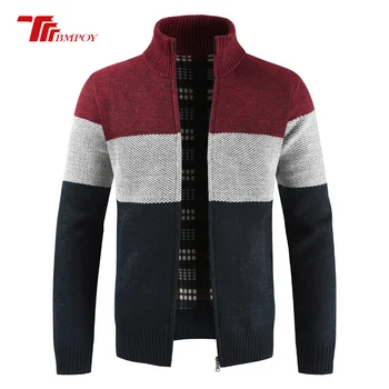 

New Men's Cardigan Sweater Standing collar Contrast color Patchwork Plus velvet Casual Loose Zipper Knitwear Cardigan Outerwear
