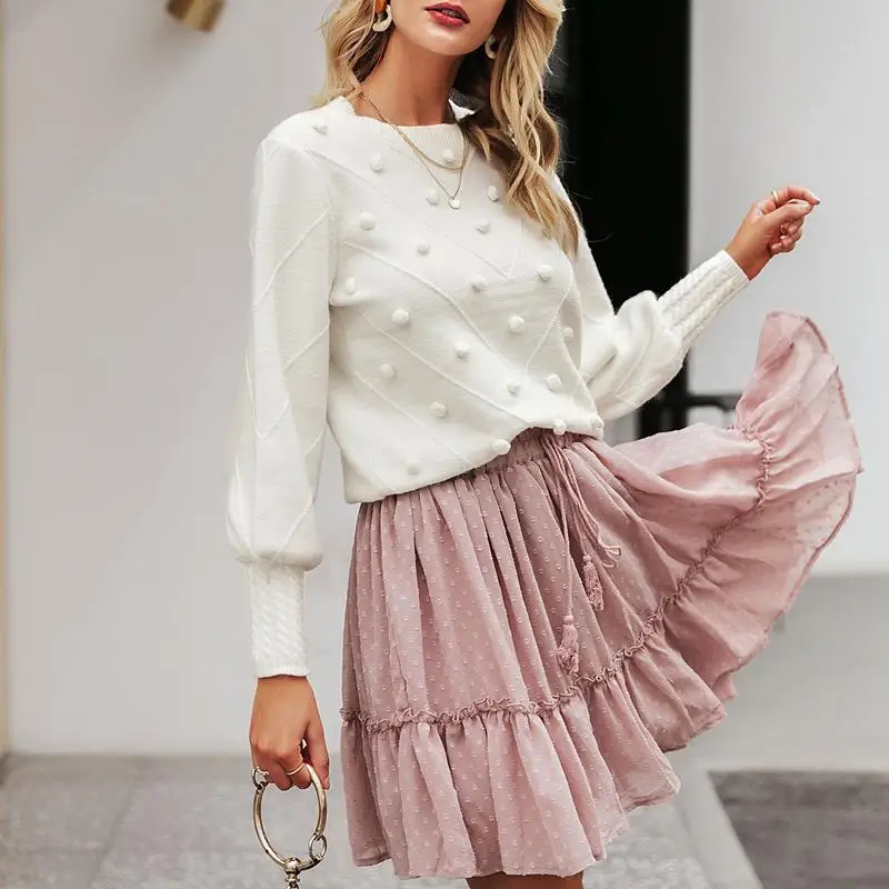 

Aartiee Lantern sleeve knitted Streetwear Elegant ladies pompon sweater female Pullover women jumper White sweater female new