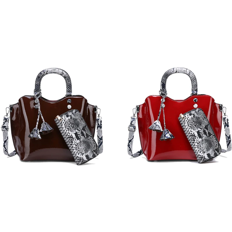 

2 Piece Women'S Lacquer Tote Bag Ladies PU Handbag Summer Little Lady Handbag