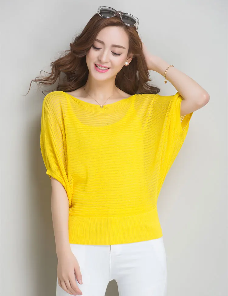 Enkofo/комплект из 2 предметов, рубашки, новинка, летняя блузка для женщин, Повседневная белая трикотажная блузка на бретельках, рукав "летучая мышь", кружевная сетчатая рубашка - Цвет: yellow
