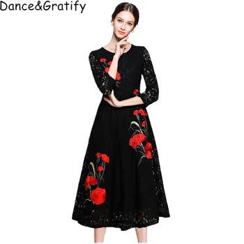 

New Arrival 2019 Spring Fashion European Style Embroidery Floral Runway Dress Women Long Maxi Lace Party Dresses