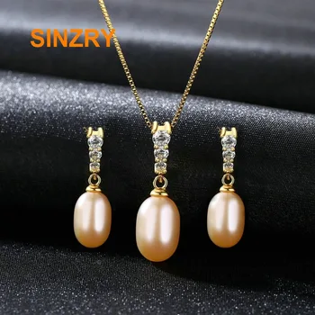 

Sinzry Classic cubic zirconia cute pendant necklace earring set Freshwater 8-9mm Natural Pearl 925 Silver jewelry set