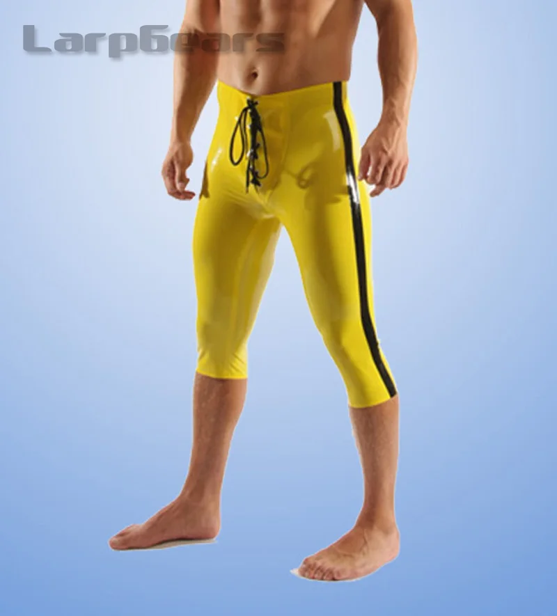 

Handmade yellow with black latex pants rubber trousers with black strip plus size hot sale