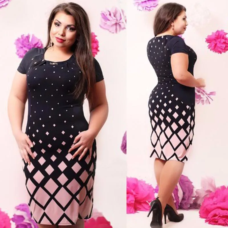 Kopen 6xl large zomer straight dress dames big size o hals casual gradient print dress plus size vrouwen midi kleding vestidos
