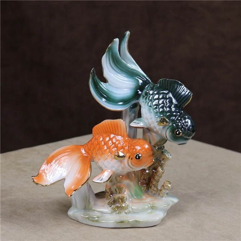 Chinese Feature Goldfish Sculpture Ceramic Couple Fish Pet Statue Home