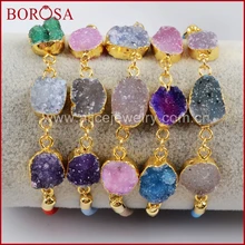 BOROSA Fashion Gold Color Multi Druzy Adjustable Rainbow Cord Bracelet, Mix Color Rainbow Drusy Bracelet Bangle Jewelry G1440