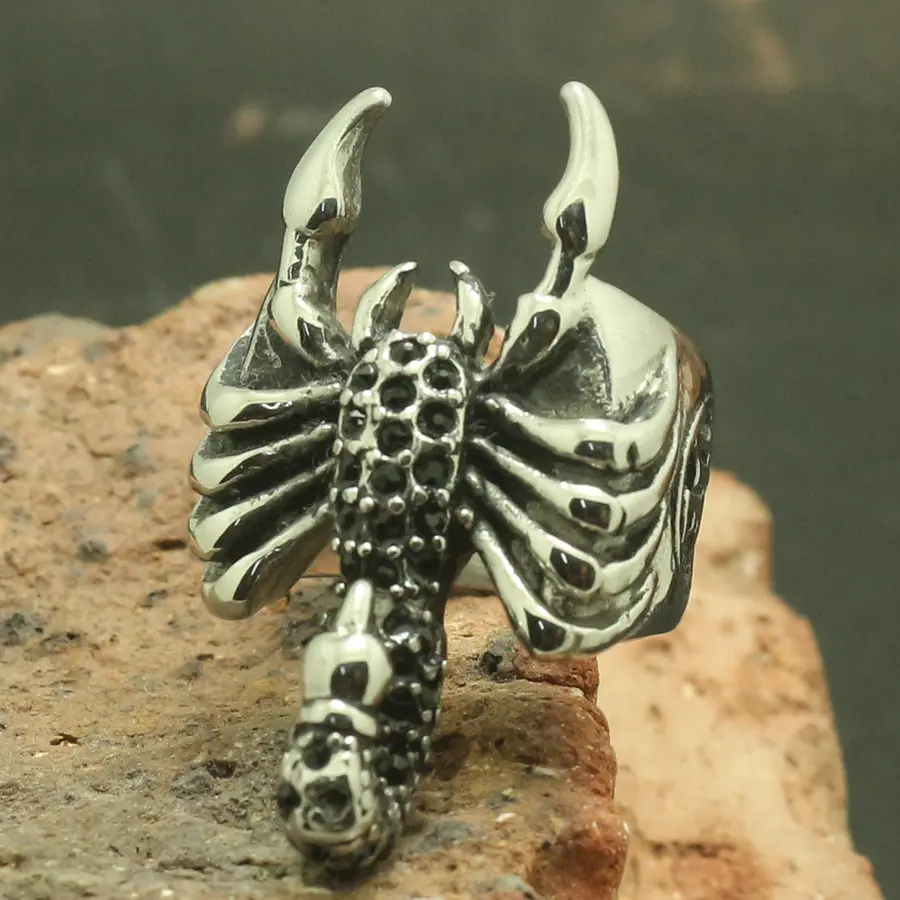 

Mens 316L Stainless Steel Cool Black Stone Silver Scorpion King Punk Gothic Ring