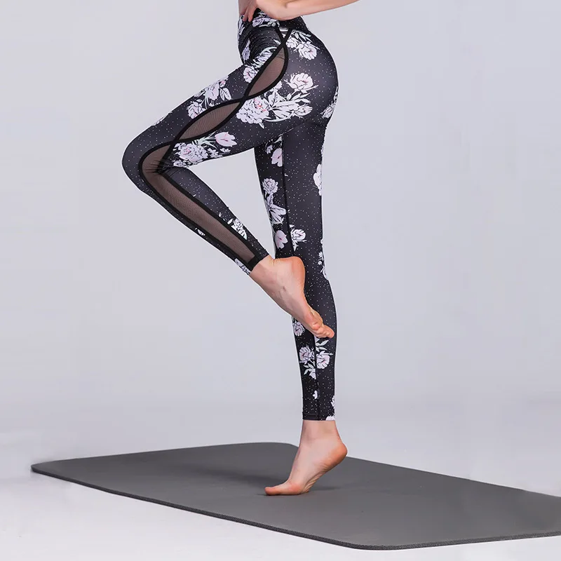 New Women Flowers Printed Mesh Insert Patchwork Fitness