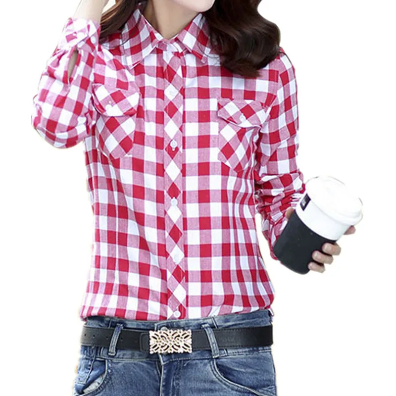 Осенняя женская блузка, блуза на пуговицах, клетчатая Повседневная рубашка, тонкие топы, женская одежда большого размера плюс XL 2XL T77709A