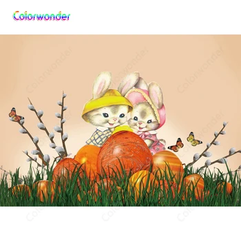 

Colorwonder Photography Background Baby Rabbits 7x5ft Red and Orange Eggs with Colorful Butterflies Seamless Backdrop for Easter