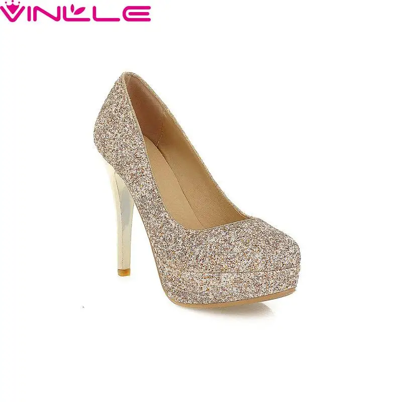 

VINLLE Slip On Round Toe Party Miss Shoes,Thin High Heel Sequined Spring Autumn Fashion Women Pumps Size 34-43 Golden