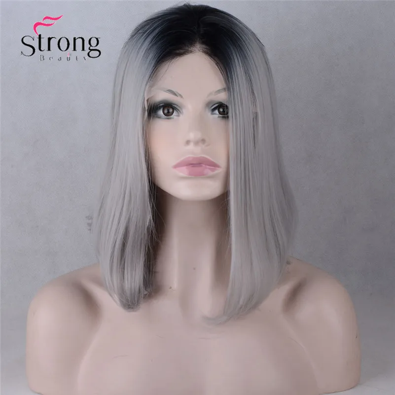 Women's Ombre Gray Dark Roots Short Bob Synthetic Wigs 2 Tone Shoulder