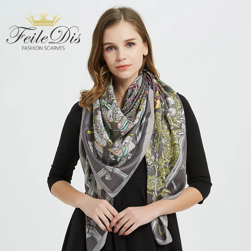  [FEILEDIS]2019 Brand bandana women silk scarf luxury scarves for ladies shawls big size handkerchie