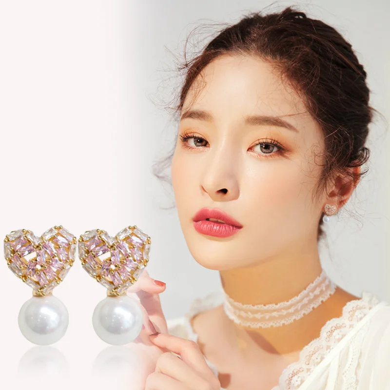 Inlaid stone powder White Heart Love Earrings 925 silver needle imitation pearl | Украшения и аксессуары