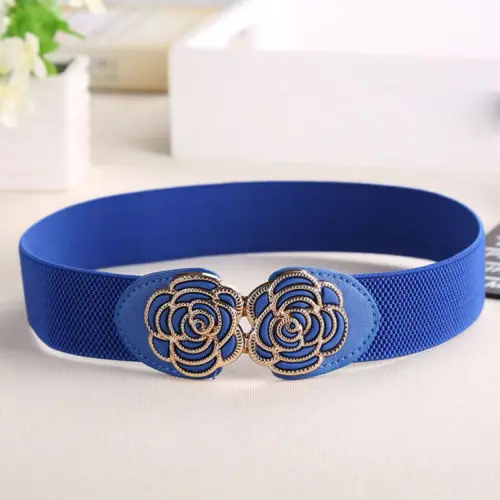 Hot Women Wide Waist Belt Vintage Metal Flower Elastic Stretch Buckle Waistband Cummerbunds black waist belt Belts