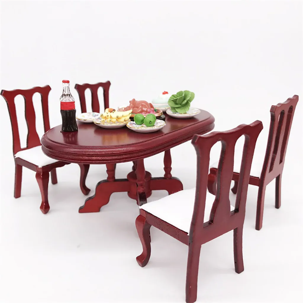 1:12 Dollhouse Simulation Miniature Furniture Red Wooden Color Dining Table Chair Set DIY Doll House Decoration Kids Toys A513 1:12 Dollhouse Simulation Miniature Furniture Red Wooden Color Dining Table Chair Set DIY Doll House Decoration Kids Toys A513