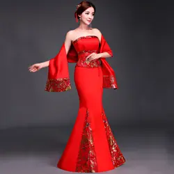 Китай платье традиционная Cheongsam Красный Русалка Вечеринка Китайский Свадебный Qipao длинные восточные платья Восточно-китайское платье