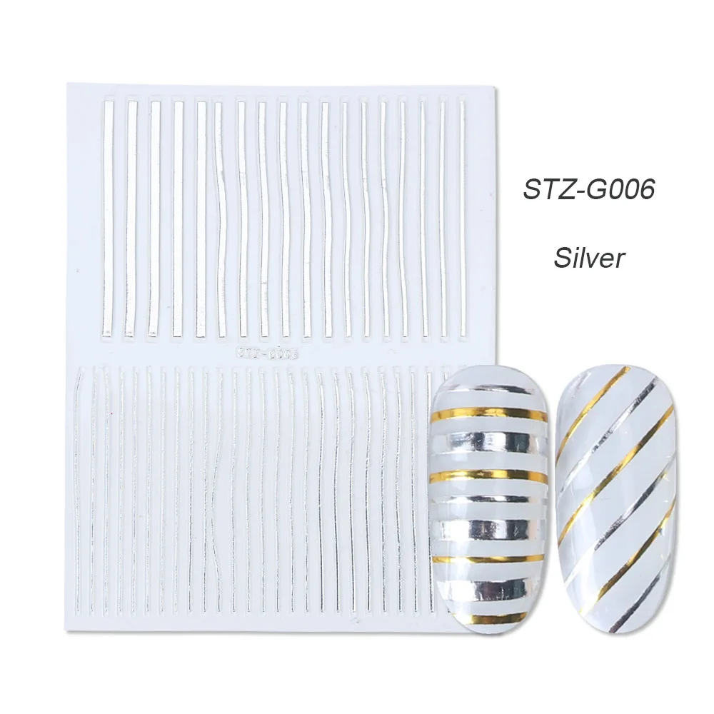 STZ-G006 Silver 1 шт золотые Серебристые 3D наклейки для ногтей прямые изогнутые вкладыши полосы ленты обертывания геометрический дизайн ногтей украшения BESTZG001-013 - Цвет: STZ-G006 Silver