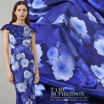 

Big White Flower Print Blue Silk Fabric Cheongsam Dress Material Stretch Silk Satin Fabric By The Meter Width 42 Inch
