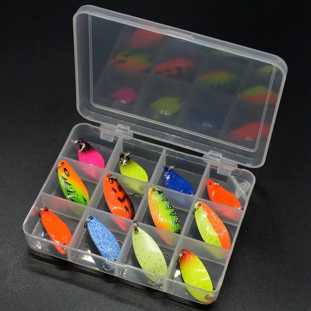 WLDSLURE 12pcs mixed 3g/4.5g/5g fishing box metal bait spoon lure set trout lure fishing tackle