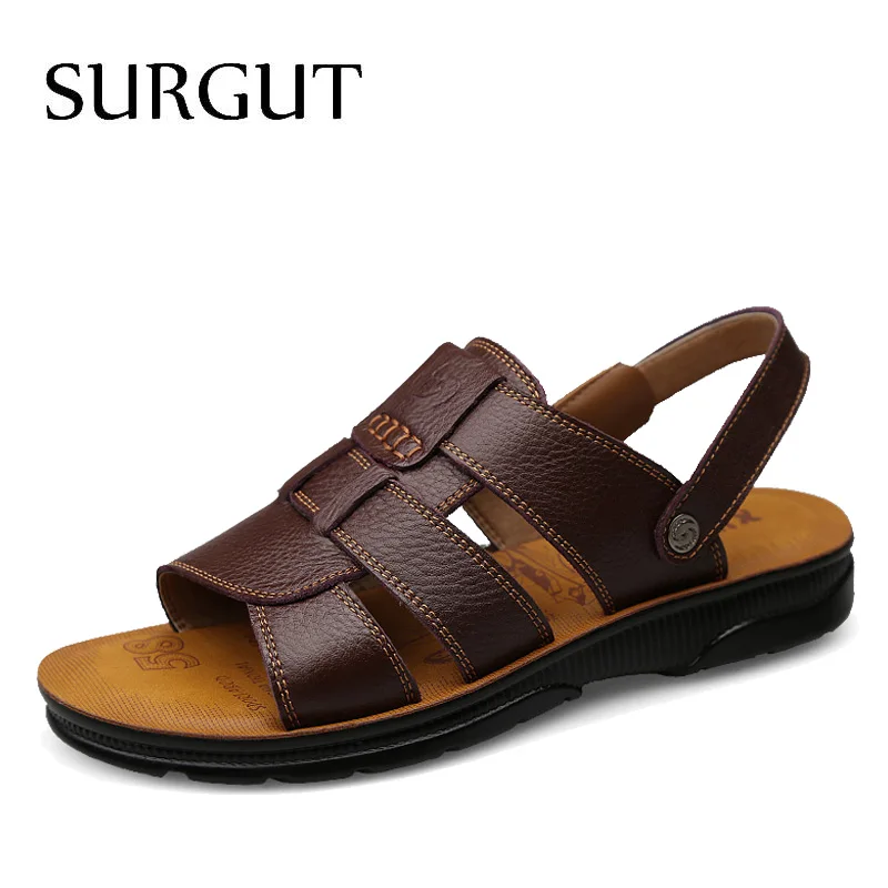 Мужские сандалии из натуральной кожи SURGUT, желтые пляжные босоножки в римском стиле, повседневные шлепанцы, тапки, обувь для лета - Цвет: Brown