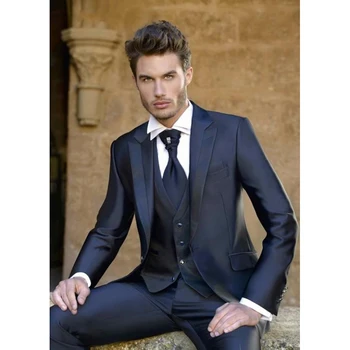 

navy blue Mens wedding suits peaked Lapel men suit tuxedos 2017 one button custom groom suits 3 piece Suit (Jacket+Pants+vest)