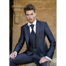 navy blue Mens wedding suits peaked Lapel men suit tuxedos 2017 one button custom groom suits 3 piece Suit (Jacket+Pants+vest)