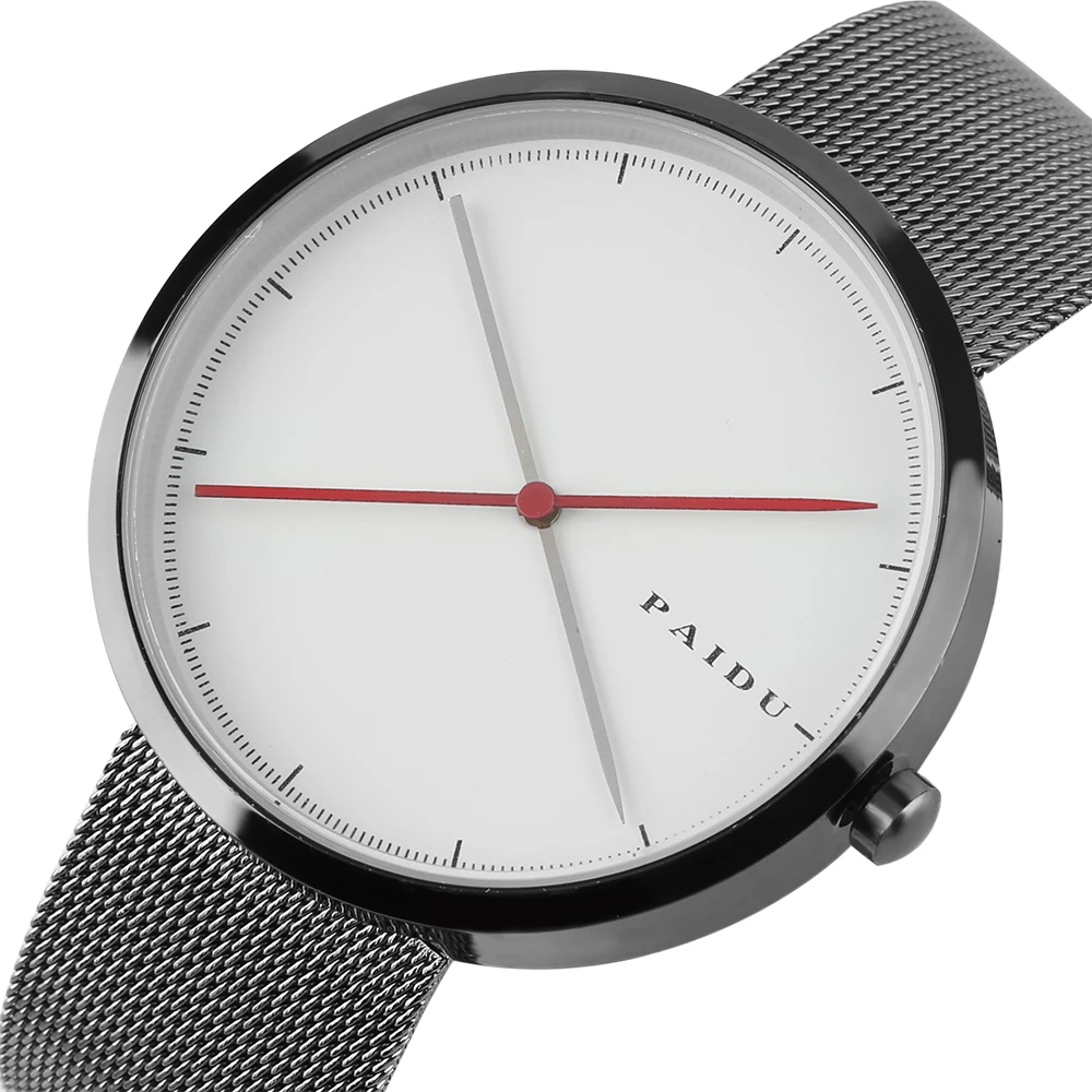 

2018 PAIDU Simple Round White Dial Wrist Watch Stainless Steel Mesh Band Fashion Unisex Elegent Design for Man Woman Gifts