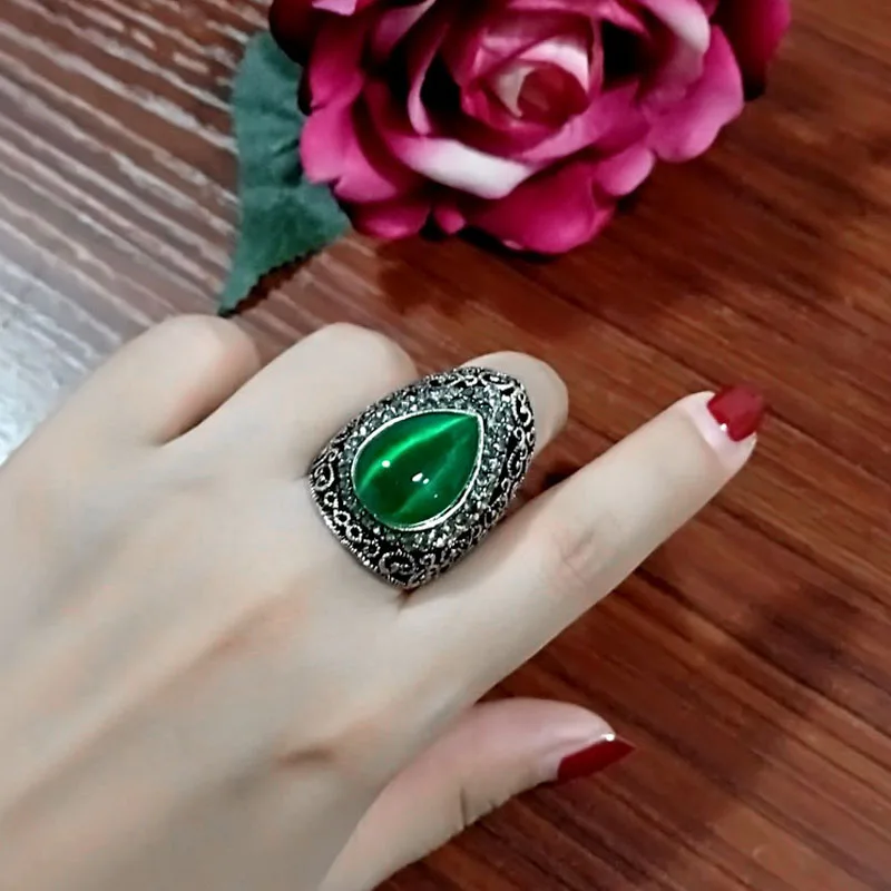 

SINLEERY Female Water Drop Shaped Green Opal Big Rings Antique Silver Color Vintage Jewelry For Wedding Party Jz152 SSC