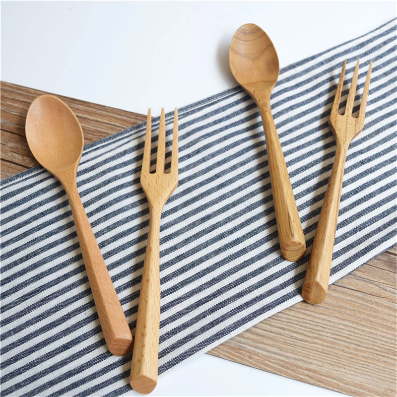

2PCS/set Tableware New Simple Wood Spooon Fork Creative Wooden Cutlery Set Coffee Dessert Cake Dinnerware 3C