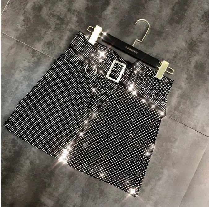 

2019 Spring New Fashion Water Drill High Waist Skirts Lady Retro Hot Drill Shiny Belt Short A-line Skirts for Party
