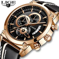 LIGE модные Для мужчин s часы мужской лучший бренд класса люкс Бизнес большой циферблат золотые кварцевые часы Для мужчин Повседневное кожа
