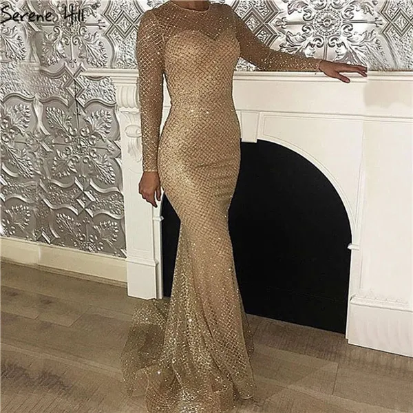 Золотое блестящее вечернее платье с длинными рукавами, роскошное сексуальное вечернее платье русалки с бисером для женщин Serene hilm LA6052 - Цвет: gold