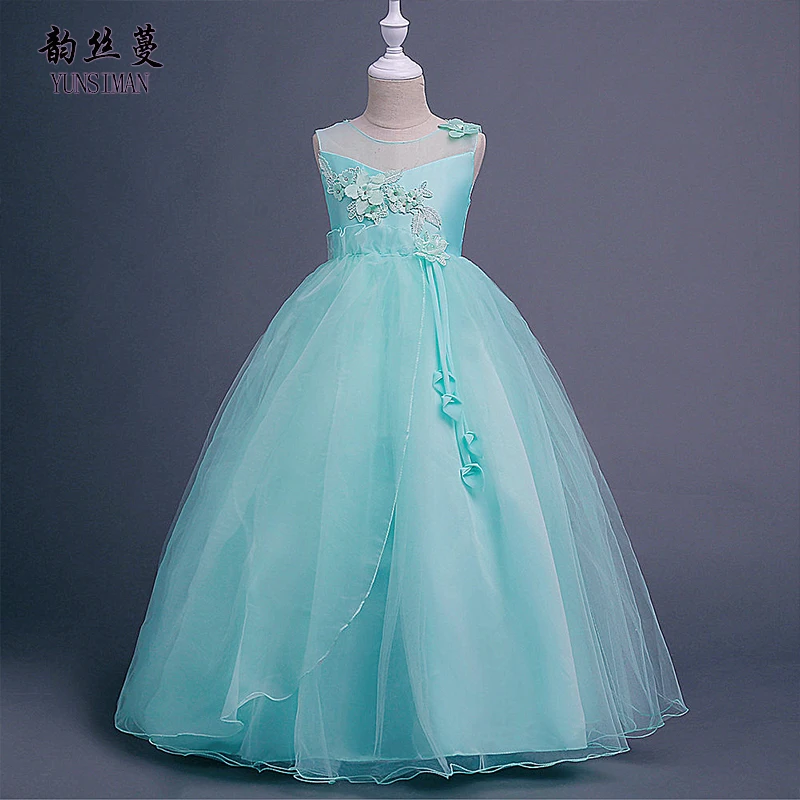 

Children Long Dress for Girls 4 6 to 14 Years Pearls Flower Champagne Green White Mesh Party Princess Costume Girls Dresses 1A5N