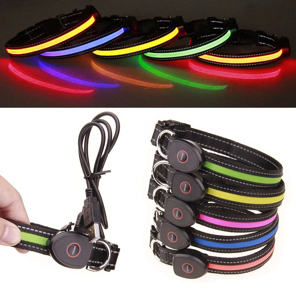 

Pet Dog Cat Adjustable USB Chargeable LED Light Pet Safety Collars Flashing Glow Polyester Pet Colla Luminous Dog Collar BFOF
