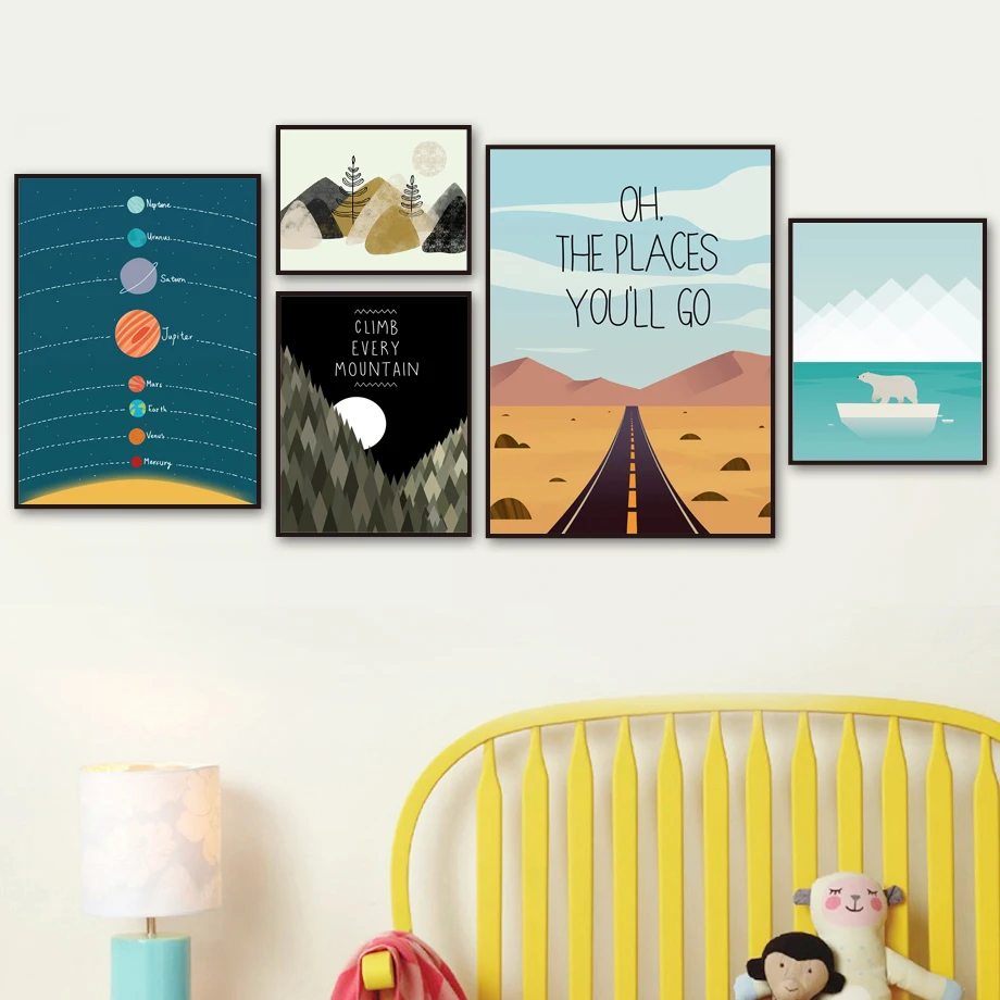 Polar-Bear-Road-Mountain-Moon-Planet-Wall-Art-Canvas-Painting-Nordic-Posters-And-Prints-Wall-Pictures