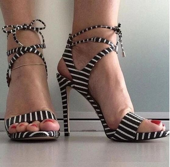 black and white striped high heels