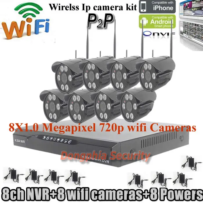 

H.264 1.0MP 720P CCTV Security system 8CH Wireless WIFI IP Camera NVR Video System P2P motion detection Home Surveillance System