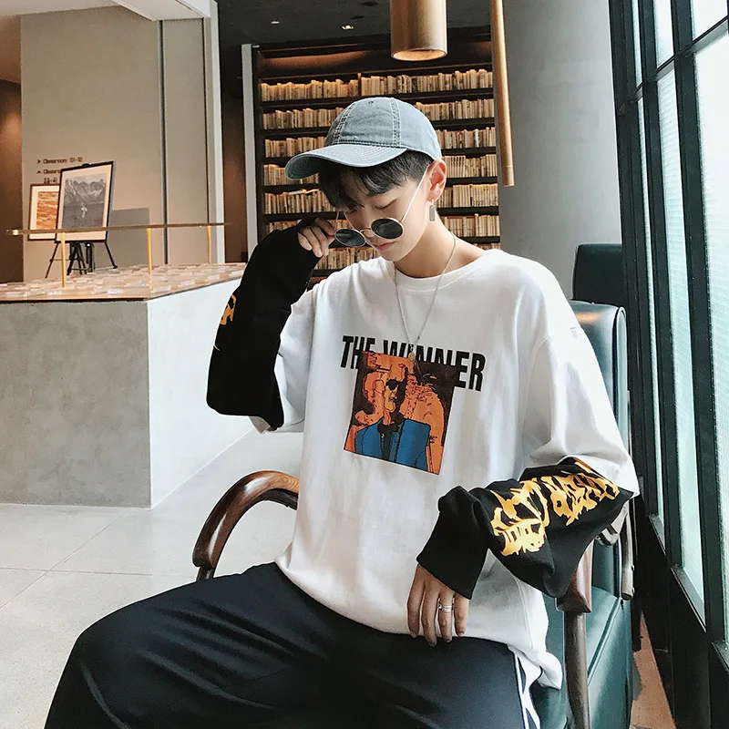  Men T Shirt Long Sleeve Patchwork Funny T Shirts T-shirt Men Hip Hop Harajuku Off White Palace Alie