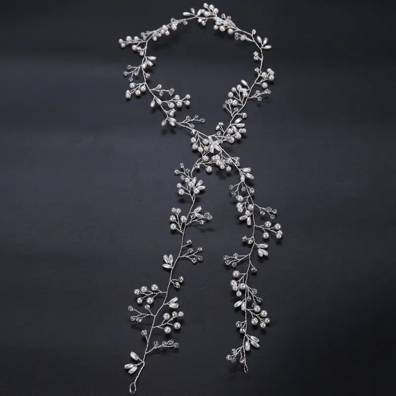 European Bridal Luxury Long Pearl Crystal Flower Headbands Hairband Silver Gold Wedding Hair Vine Handmade Women Chain Headband