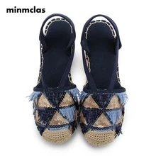 MInmclas/женские босоножки с блестками; шикарные льняные парусиновые сандалии на танкетке Лето; туфли-лодочки на платформе с ремешком на щиколотке и среднем каблуке; эспадрильи
