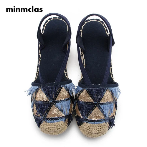 

MInmclas Sequined Women Sandals Bling Linen Canvas Wedge Sandals Summer Ankle Strap Med Heel Platform Pump Espadrilles Shoes