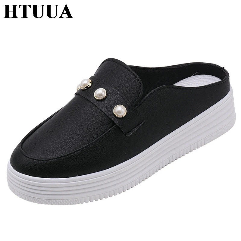 

HTUUA Fashion Pearl Slippers Women Casual Mules Shoes Thick Platform Slippers Beach Flip Flops Flat Shoes Spring Summer SX1939