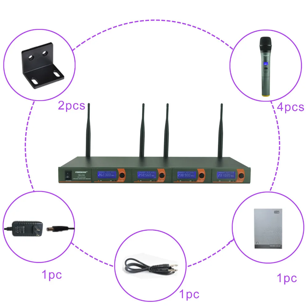 FREEBOSS FB-V04 профессиональные микрофоны VHF KTV вечерние микрофонная система 4 ручной беспроводной микрофон для караоке