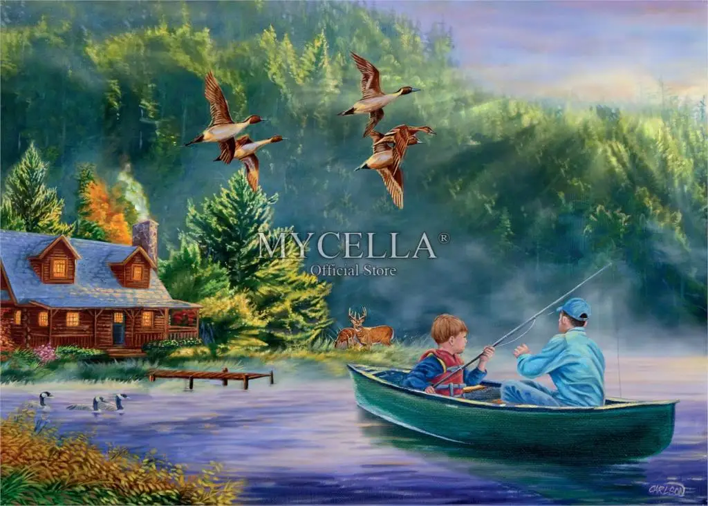 Cartoon Diamond Embroidery Summer Lakes Fishing Father's Day Diy Painting Cross Stitch Mosaic Wall Stickers Home Decor | Дом и сад