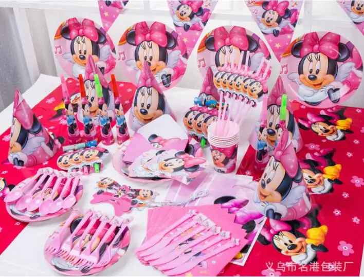 

Minnie Theme Tableware Set Birthday Party Decoration Kids Balloons Napkin Cups Tablecloth Flag Straw Party Supplies