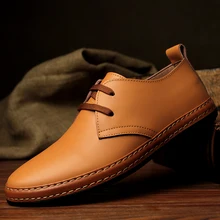 Fashion Spring/Autumn Men Genuine Leather Wedding Shoes 2017 Round Toe Lace-Up Solid Flats Men’s Casual Shoes Luxury Brand 38-44
